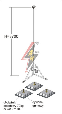 Вольностоящая мачта стальная (горячего оцинкования) для молниеуловителей на подставках   H=3700 mm, расстояние до 10 m, составная, тренога, утяжители, фото 2