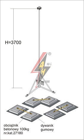 Вольностоящая мачта стальная (горячего оцинкования) для молниеуловителей на подставках   H=3700 mm, расстояние до 13 m, составная, тренога, утяжители, фото 2