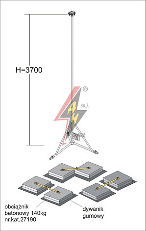 Вольностоящая мачта стальная (горячего оцинкования) для молниеуловителей на подставках   H=3700 mm, расстояние до 16 m, составная, тренога, утяжители, фото 2