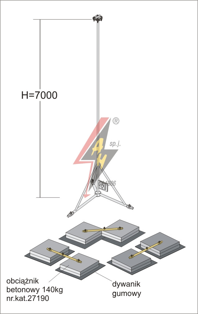 Вольностоящая мачта стальная (горячего оцинкования) для молниеуловителей на подставках   H=7000 mm, расстояние до 8 m, составная, тренога, утяжители