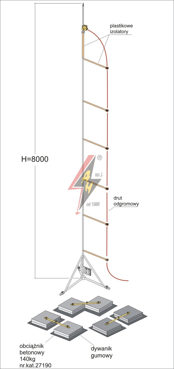 Мачта горячего оцинкования с изолированным громоотводом   H=8000 mm, составной, тренога, утяжители 3x27190, (Ø 2,20 m) – 31,8 кг / 456,3 кг
