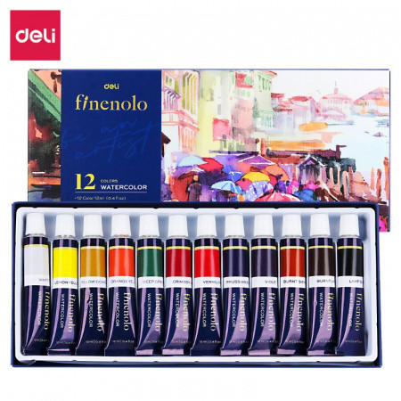Краски акварельные DELI "Finenolo", художественные, 12 цвета в тубах по 12 мл.