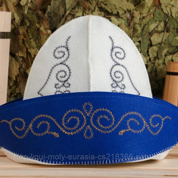 Шапка для бани с вышивкой "Казахстанский колпак мужской" с золотыми и голубыми узорами - фото 4 - id-p110014063