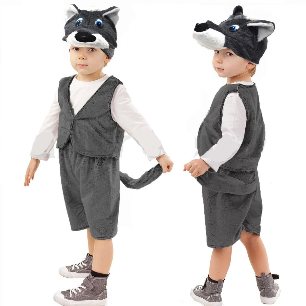 Костюм детский карнавальный Волк жилетка шорты с хвостом и шапка серый, фото 1