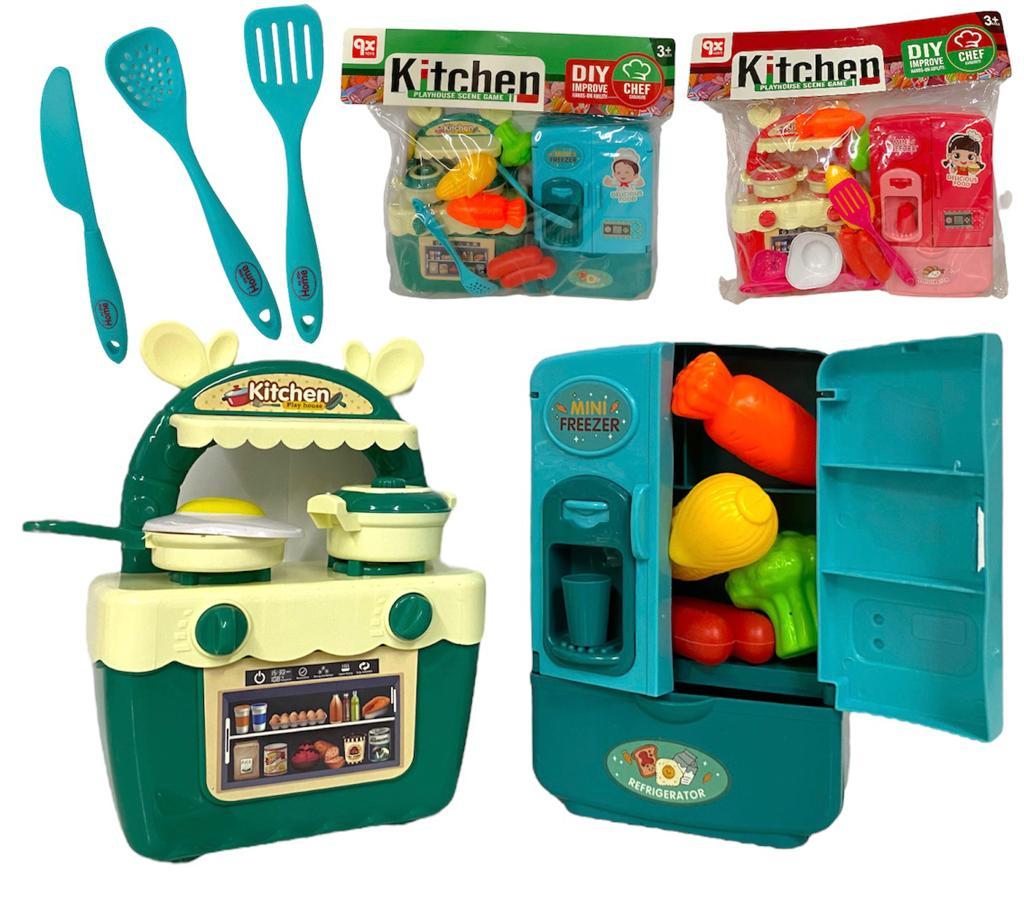 QX061 Welcome Kitchen кухня+газ. Плита +холодильник+продукты+посуда в пакете 2 расцветки 28*28см