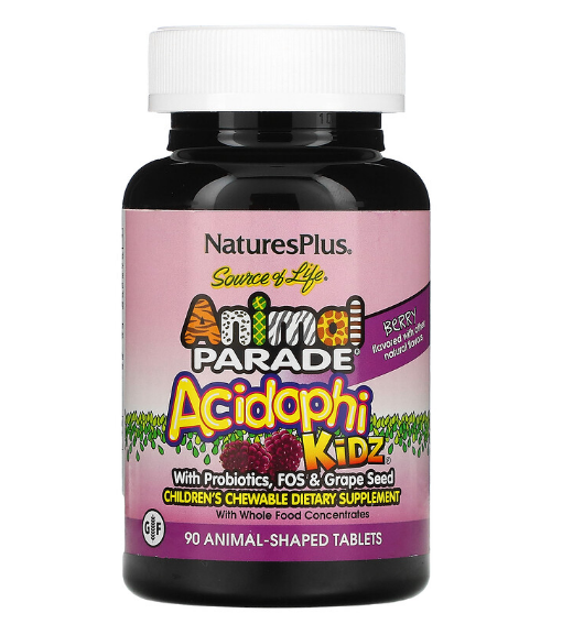 NaturesPlus, Source of Life, Animal Parade, AcidophiKidz, детские жевательные таблетки, натуральный вишневый в