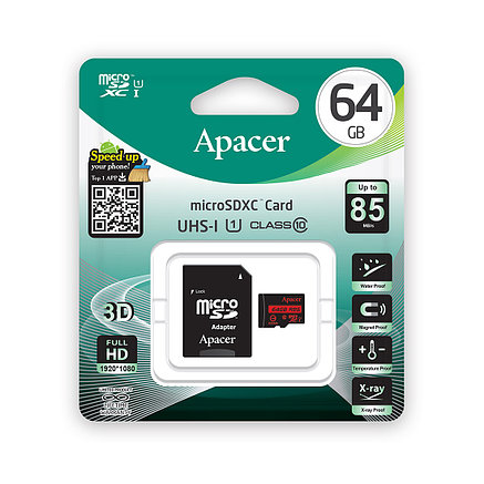 Карта памяти Apacer AP64GMCSX10U5-R 64GB + адаптер 2-004273, фото 2