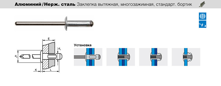 Al/St Заклепка вытяжная многозажимная Sariv алюминиевая со стальным стержнем, 3.2x8 мм - фото 2 - id-p110088628