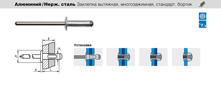 MPB Al/St Заклепка вытяжная многозажимная BRALO с потайным бортиком, 3.2x9.5 мм - фото 2 - id-p110088632