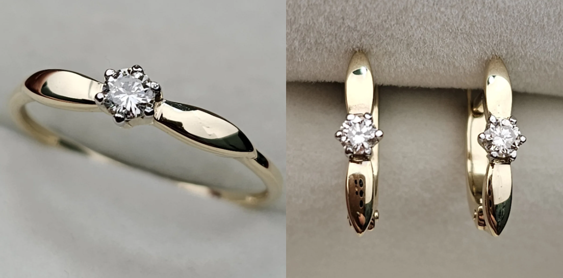 Золотой набор с бриллиантами (кольцо 0.12Ct VS2/J, р-16 VG-Cut, серьги 0.214Ct VS2/I, VG-Cut )