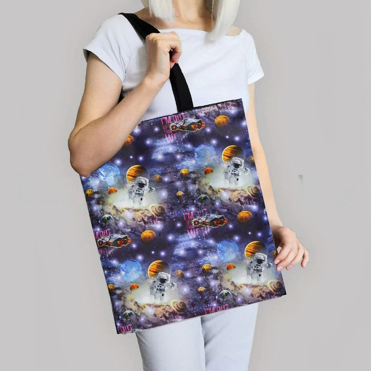 Шоппер эко сумка для покупок на молнии с плечевыми ремнями черными Космос - фото 1 - id-p95228713