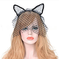 Ободок кошачьи ушки кружевной в горошек с вуалью черный