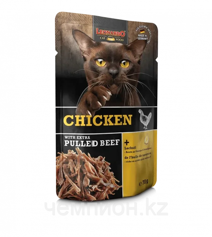 756515 Leonardo Chicken + extra pulled Beef, паштет из курицы в желе из бульона для взрослых кошек, 70 гр