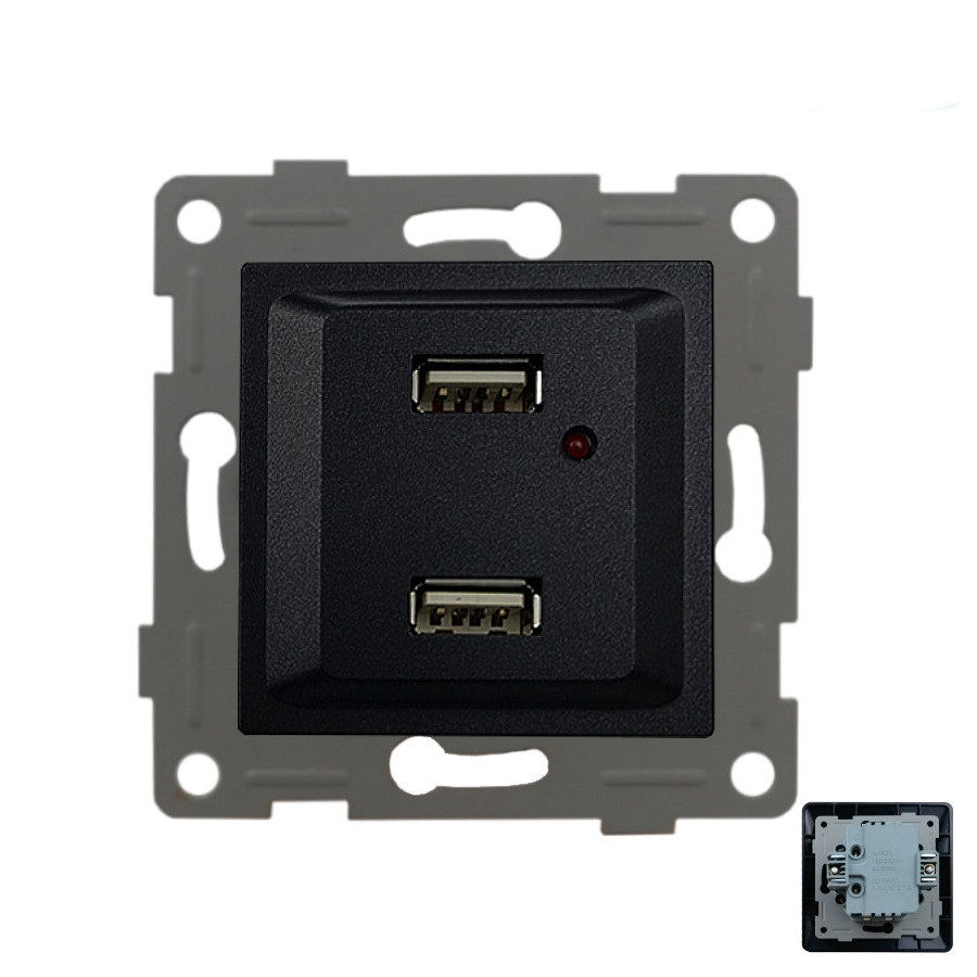 Розетка ZION USB 2-ая 2100 мА (для подзарядки) черная - фото 1 - id-p109667169