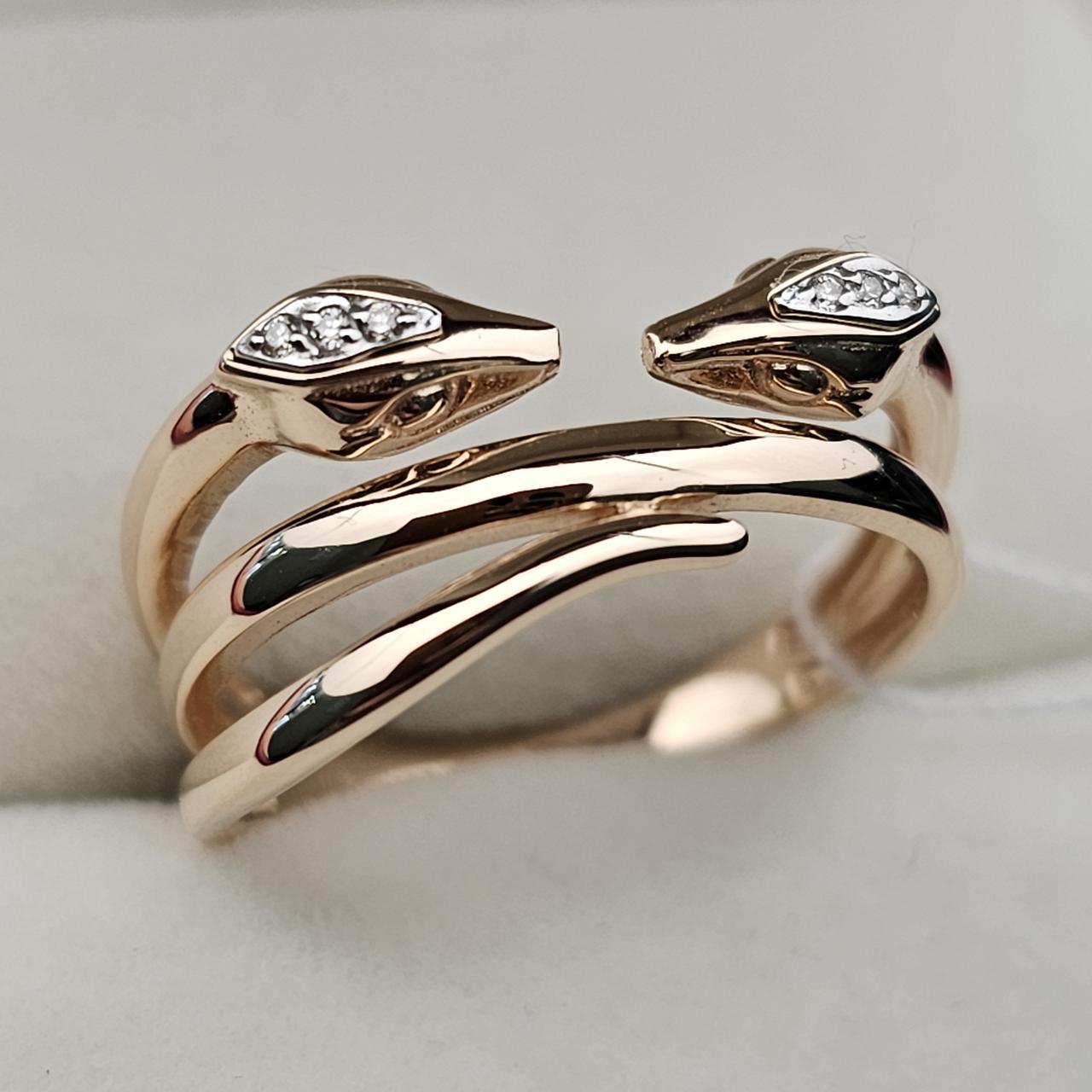 Золотое кольцо змейка с бриллиантами 0.03ct SI1/K, 3,67 гр. 585 проба, 18 размер