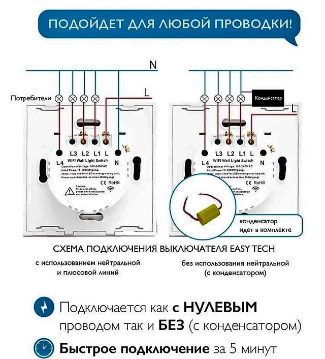 Выключатель Wi-Fi + RF433 на 3 канала с нулем и без нуля eWelink в ...
