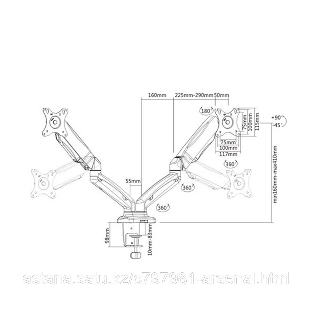 Настольный кронштейн с газлифтом Brateck LDT13-C024 для 2-х мониторов (13"-32") - фото 2 - id-p110318127