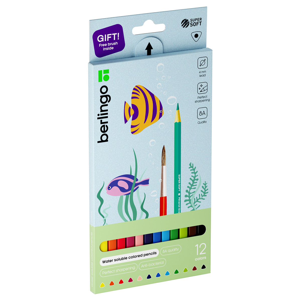 Купить Карандаши акварельные Berlingo "SuperSoft. Рыбки", 12цв.+кисть ...