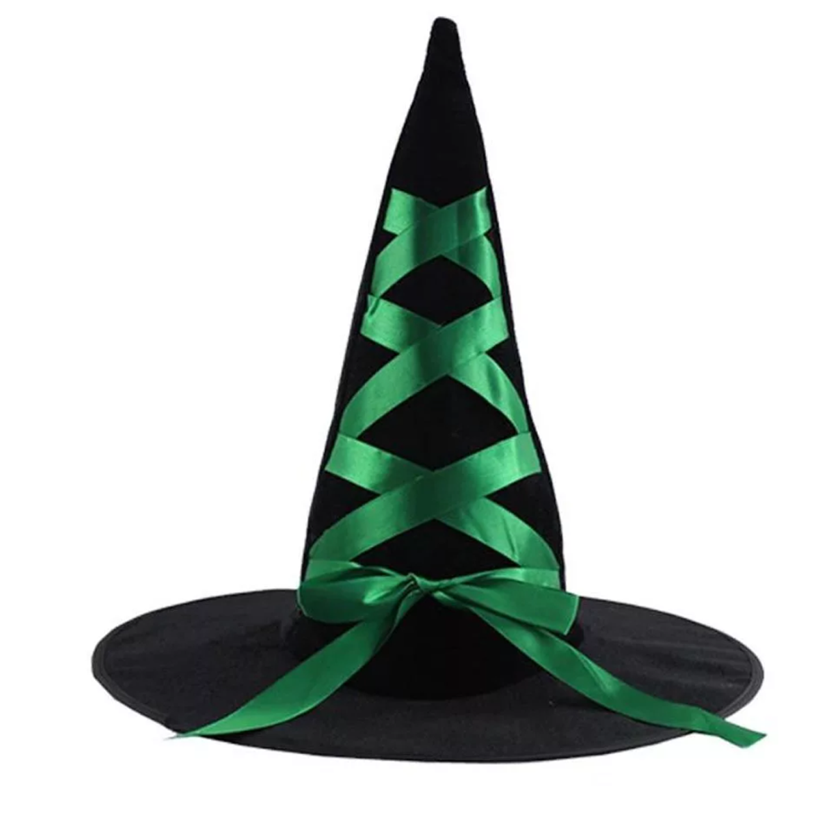 Шляпа ведьмы из велюра на Хэллоуин (Halloween) черная с зелеными лентами - фото 1 - id-p103888986