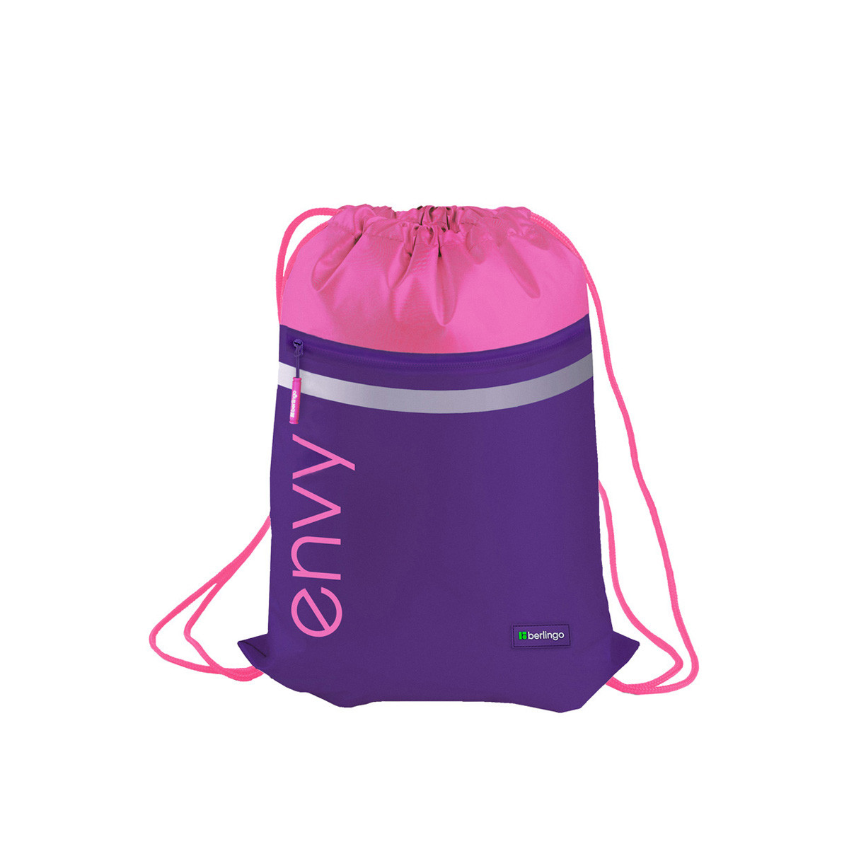 Мешок для обуви 1 отделение Berlingo "Envy", 360*470мм, светоотражающая лента, карман на молнии, розовый - фото 1 - id-p110330482