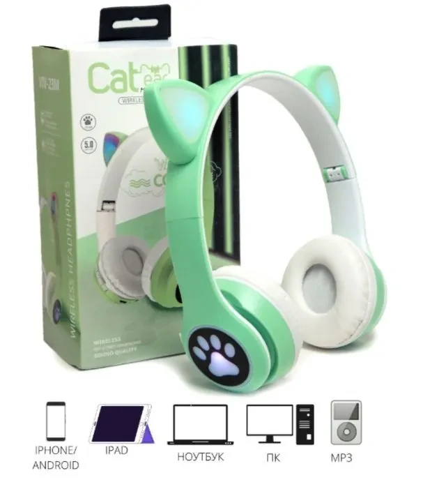 Bluetooth-гарнитура VIV-23M зеленые светящиеся кошачьи уши - фото 1 - id-p110330778