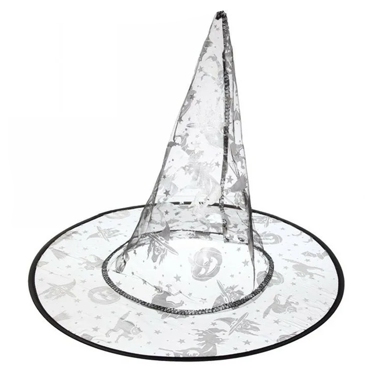 Шляпа ведьмы на Хэллоуин (Halloween) полупрозрачная черная с серебристым рисунком (высота 34 см)