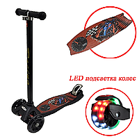 Детский самокат четырехколесный LED подсветкой колес Спорт кар черный