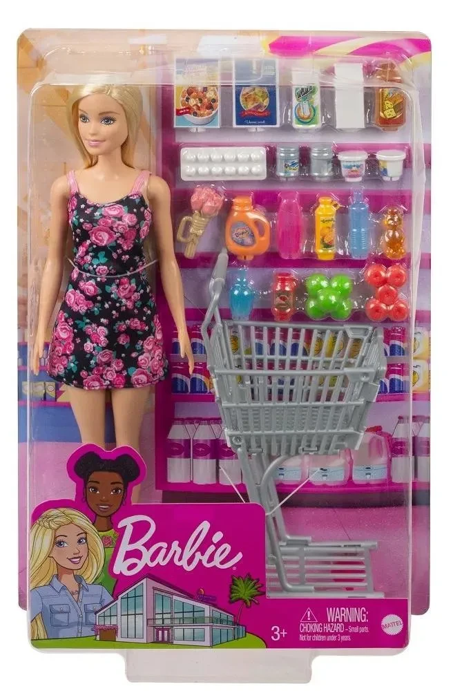Barbie Набор Время для покупок, Кукла Барби с тележкой с продуктами