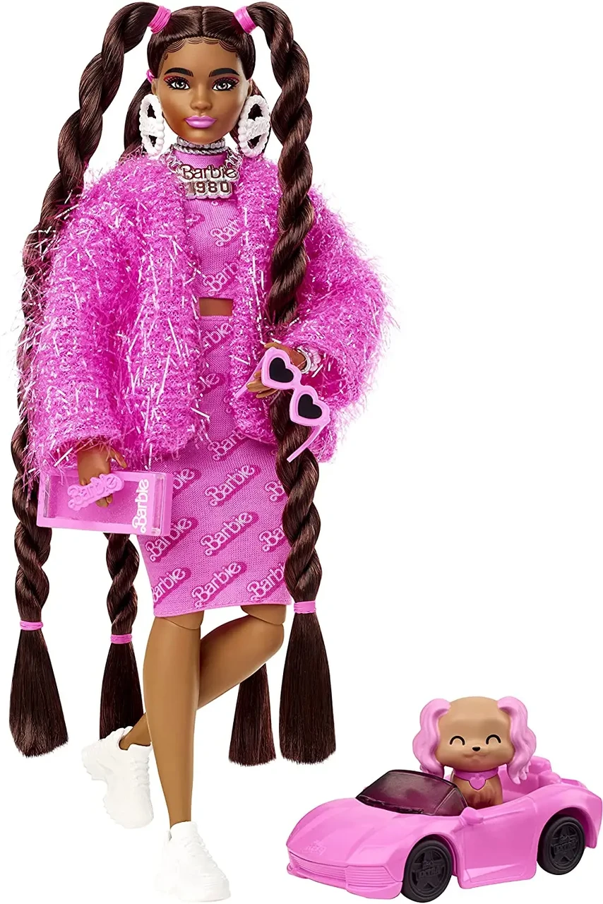 Barbie Экстра Модная Кукла Барби шатенка с косичками в розовой шубке HHN06 - фото 1 - id-p110399639