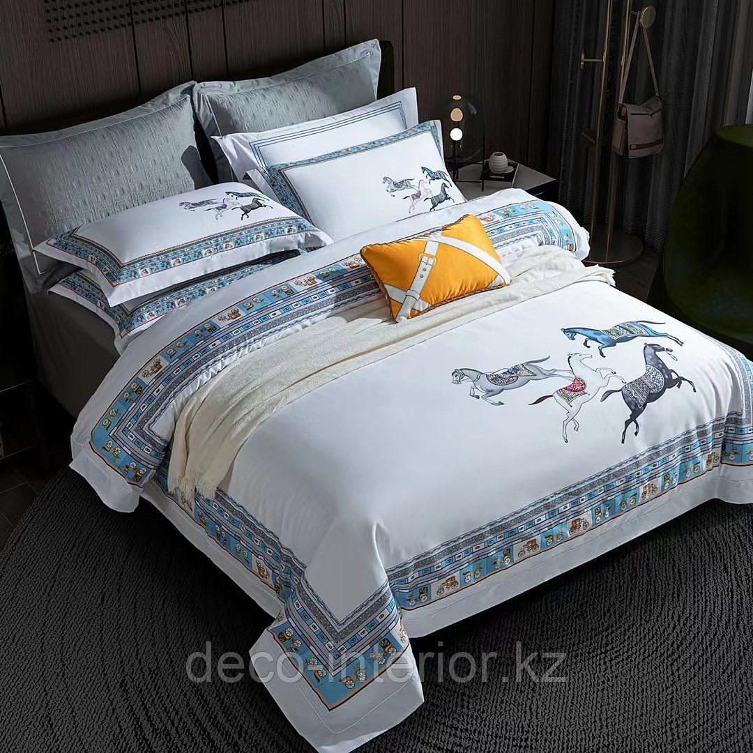 Комплект сатинового постельного белья двуспальный king-size HERMES сатин LUX с лошадьми - фото 8 - id-p110478319