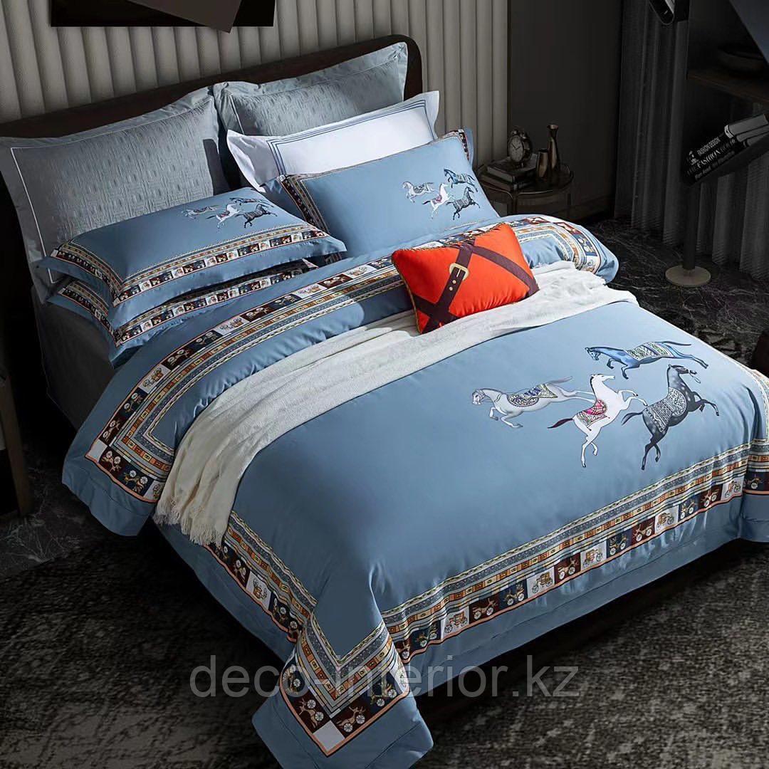 Комплект сатинового постельного белья двуспальный king-size HERMES сатин LUX с лошадьми - фото 1 - id-p110478319