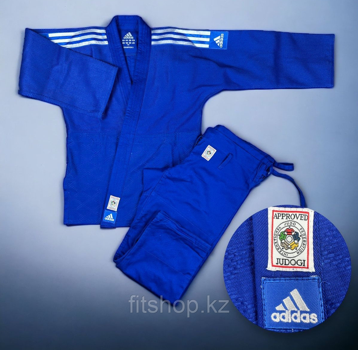 Кимоно для дзюдо Adidas IJF синее с белыми лампасами ,(ростовка 140-185) - фото 1 - id-p110491380