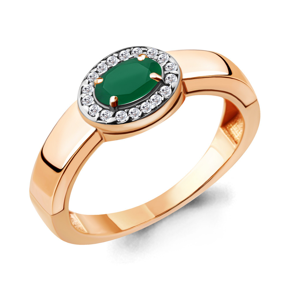 Серебряное кольцо Агат зеленый Фианит Aquamarine 6911709А.6 позолота - фото 1 - id-p70012324