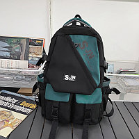 Рюкзак для учебы "SJN", черный с зелеными вставками. Школьный рюкзак.