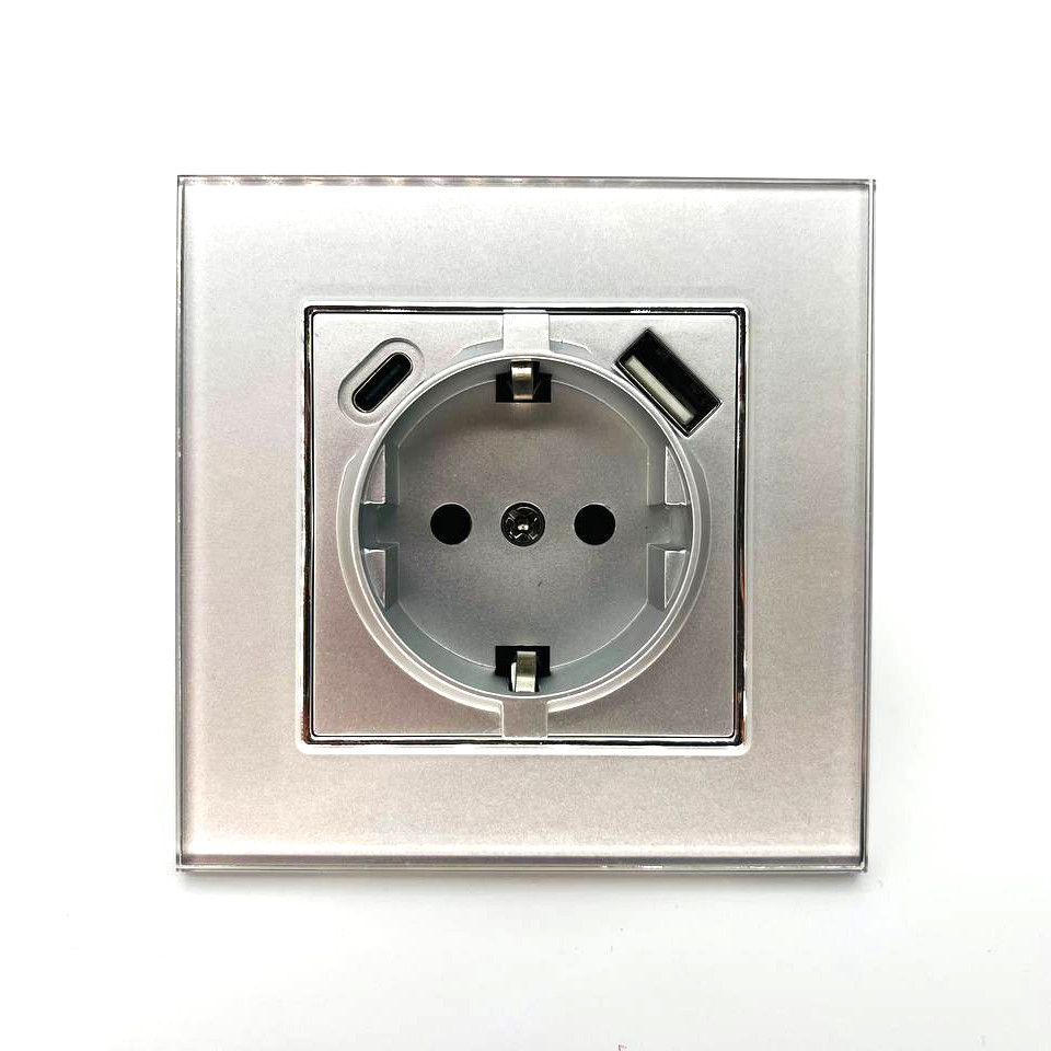 Розетка ZION 1-ая электрическая с USB + Type-c, с заземлением серая (с рамкой)