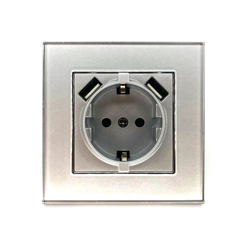 Розетка ZION 1-ая электрическая с USB, с заземлением серая (с рамкой)