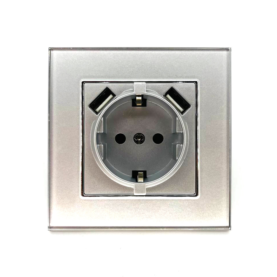 Розетка ZION 1-ая электрическая с USB, с заземлением серая (с рамкой) - фото 1 - id-p110544763