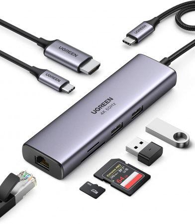 UGREEN 60515 Хаб USB CM512 USB Type-C - 2xUSB3.0+HDMI+RJ45+SD&TF+PD Grey