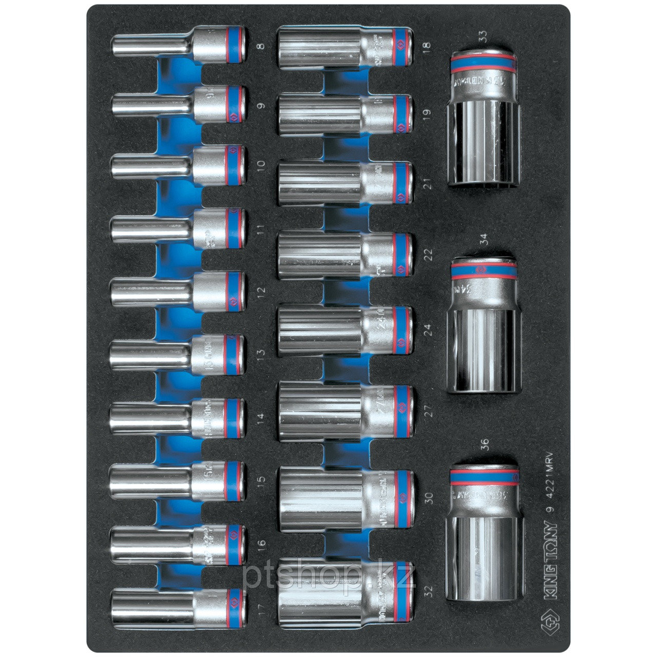 KING TONY Набор глубоких торцевых головок 1/2", двенадцатигранные, 8-36 мм, ложемент, 21 предмет KING TONY