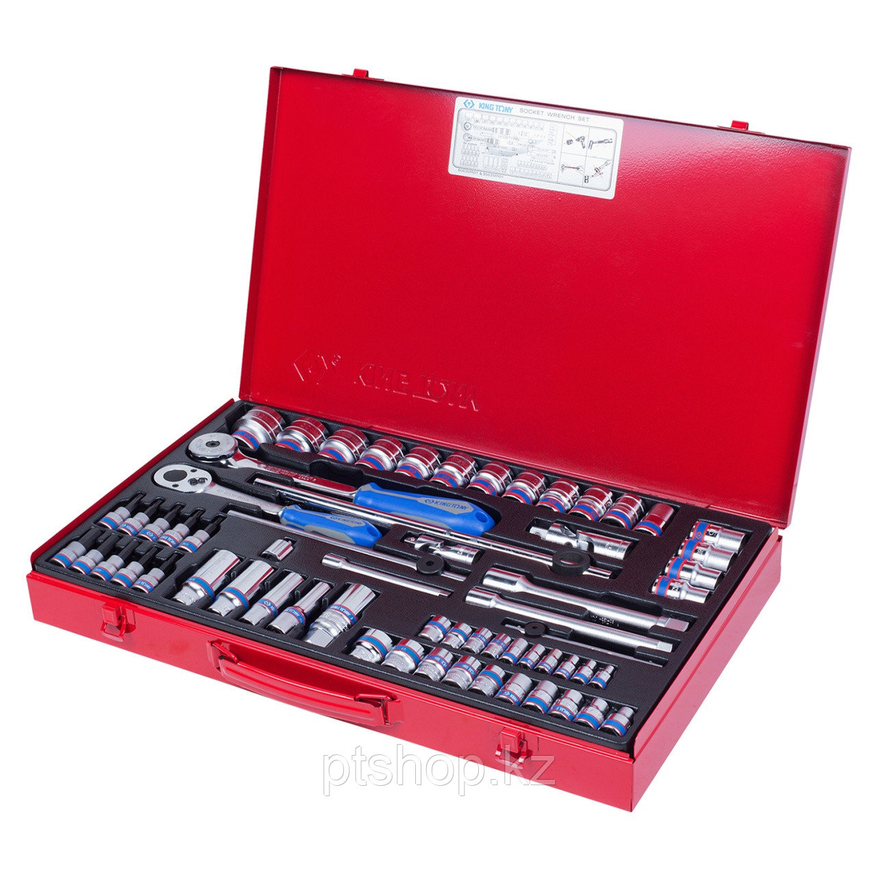 KING TONY Набор торцевых головок с принадлежностями 1/4", 3/8", 1/2", шестигранные, 4-32 мм, 62 предмета KING