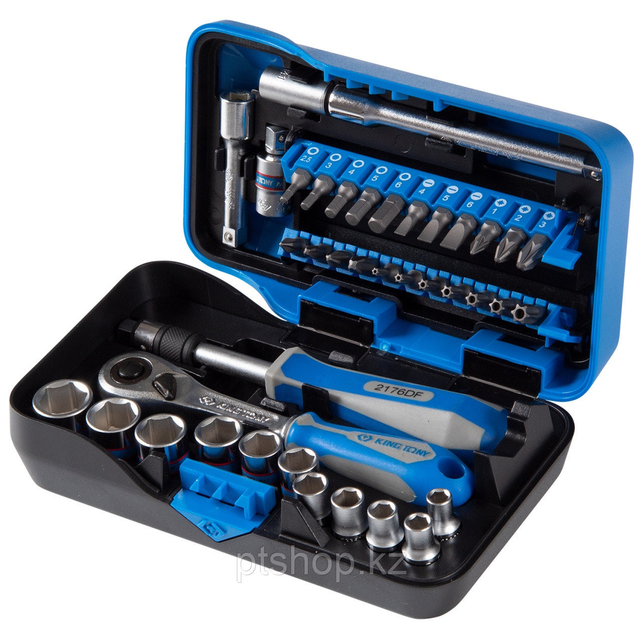 KING TONY Набор торцевых головок с принадлежностями серии "АТОМ", 1/4", шестигранные, 5-14 мм, 39 предметов