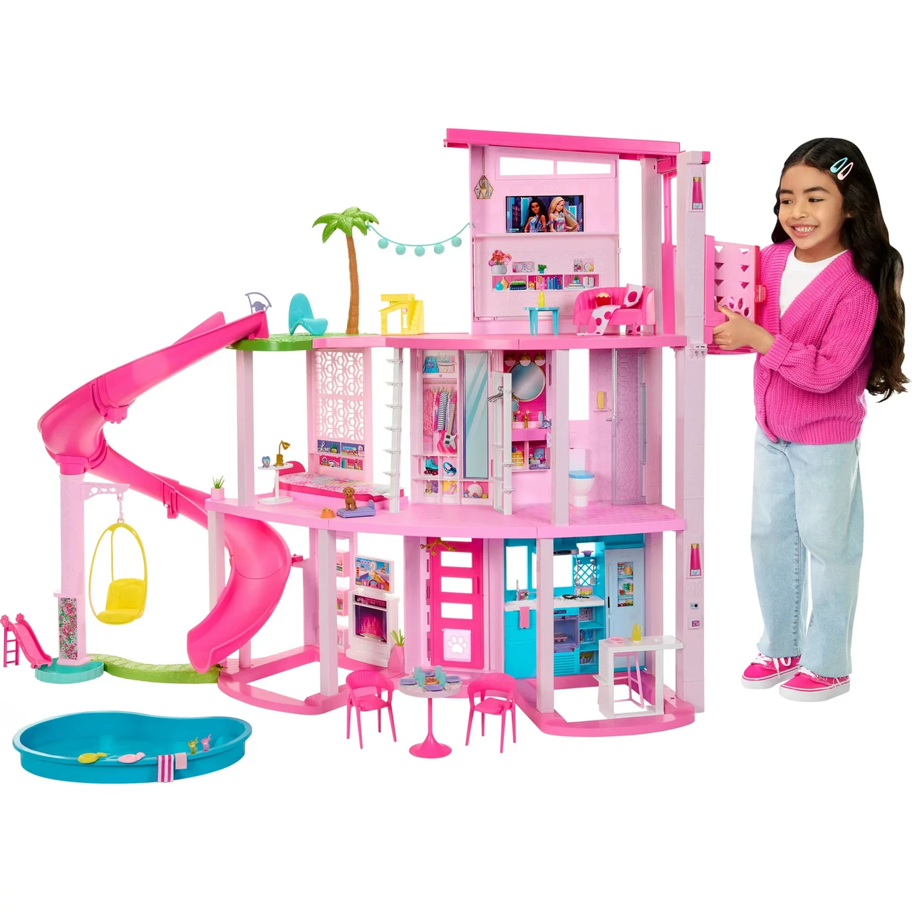 Кукольный домик Barbie для вечеринки у бассейна с 3-х сюжетной горкой Dreamhouse