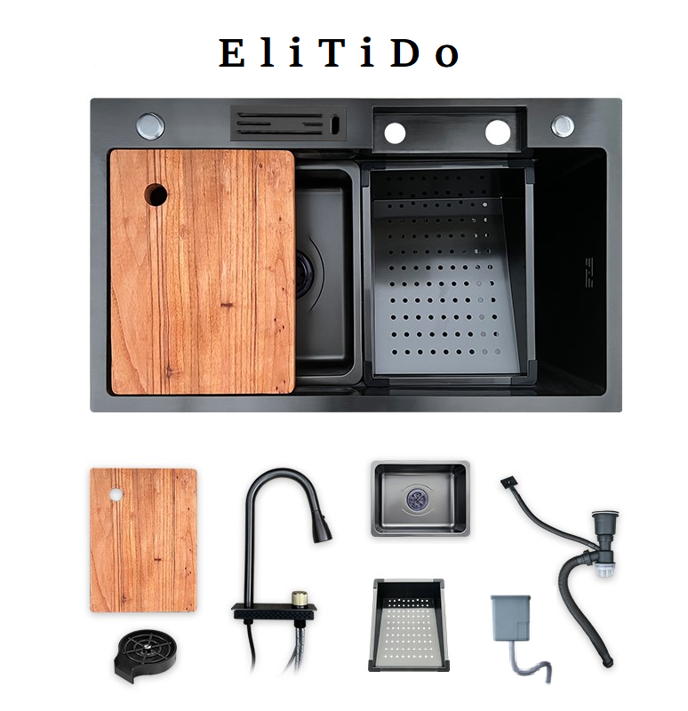 Кухонная мойка EliTiDo ETD-6845BLW в комплекте со смесителем (nano чёрный)