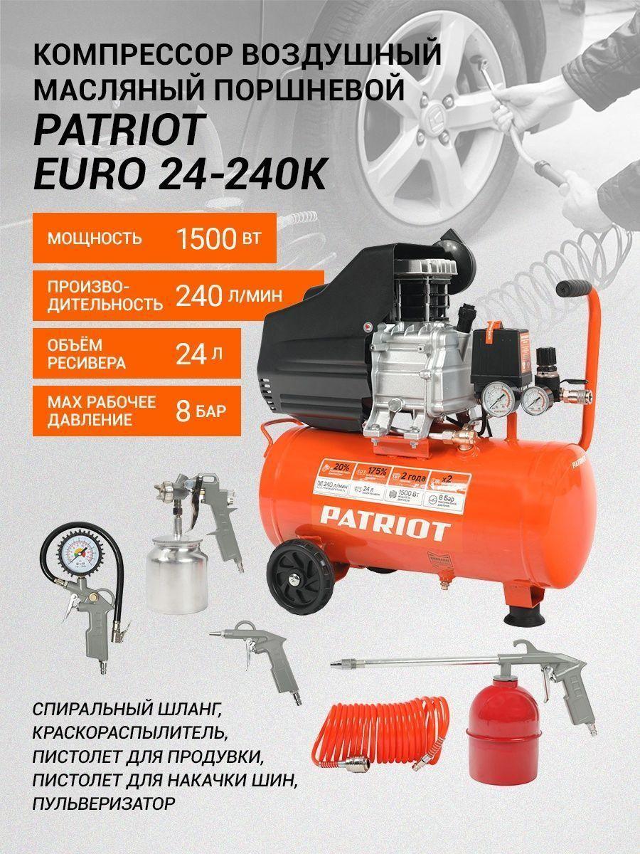 Компрессор поршневой масляный Patriot EURO 24-240K 525306366 (1,5 кВт; 24 л; 240 л/мин; 8 бар; 220В; маслянный
