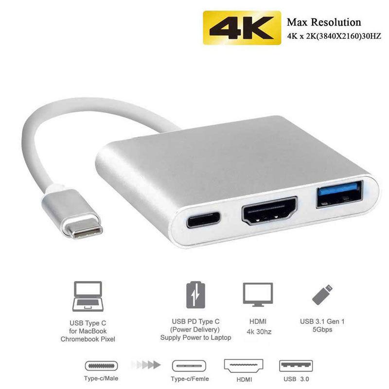 3 в 1 USB 3.1 Type C to HDMI + Type C + USB 3.0 Кабель-адаптер для адаптера Apple Macbook - фото 7 - id-p97594077