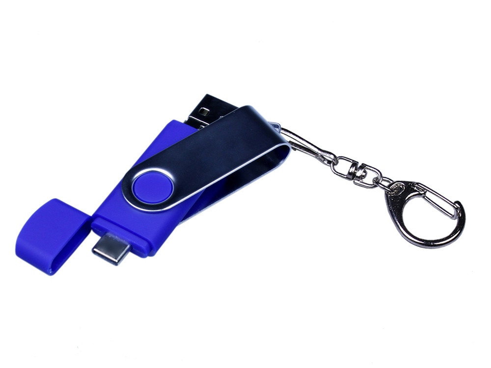 USB-флешка на 32 Гб поворотный механизм, c двумя дополнительными разъемами MicroUSB и TypeC, синий - фото 4 - id-p110839060