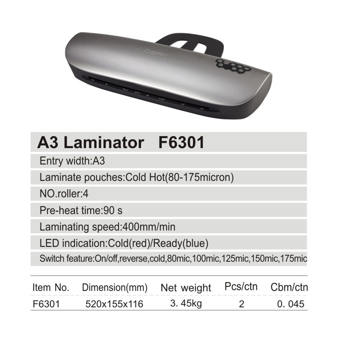 Ламинатор COMIX F6301 А3, 4 вала, 80-175 мкм, 40 см/мин. - фото 2 - id-p110886383