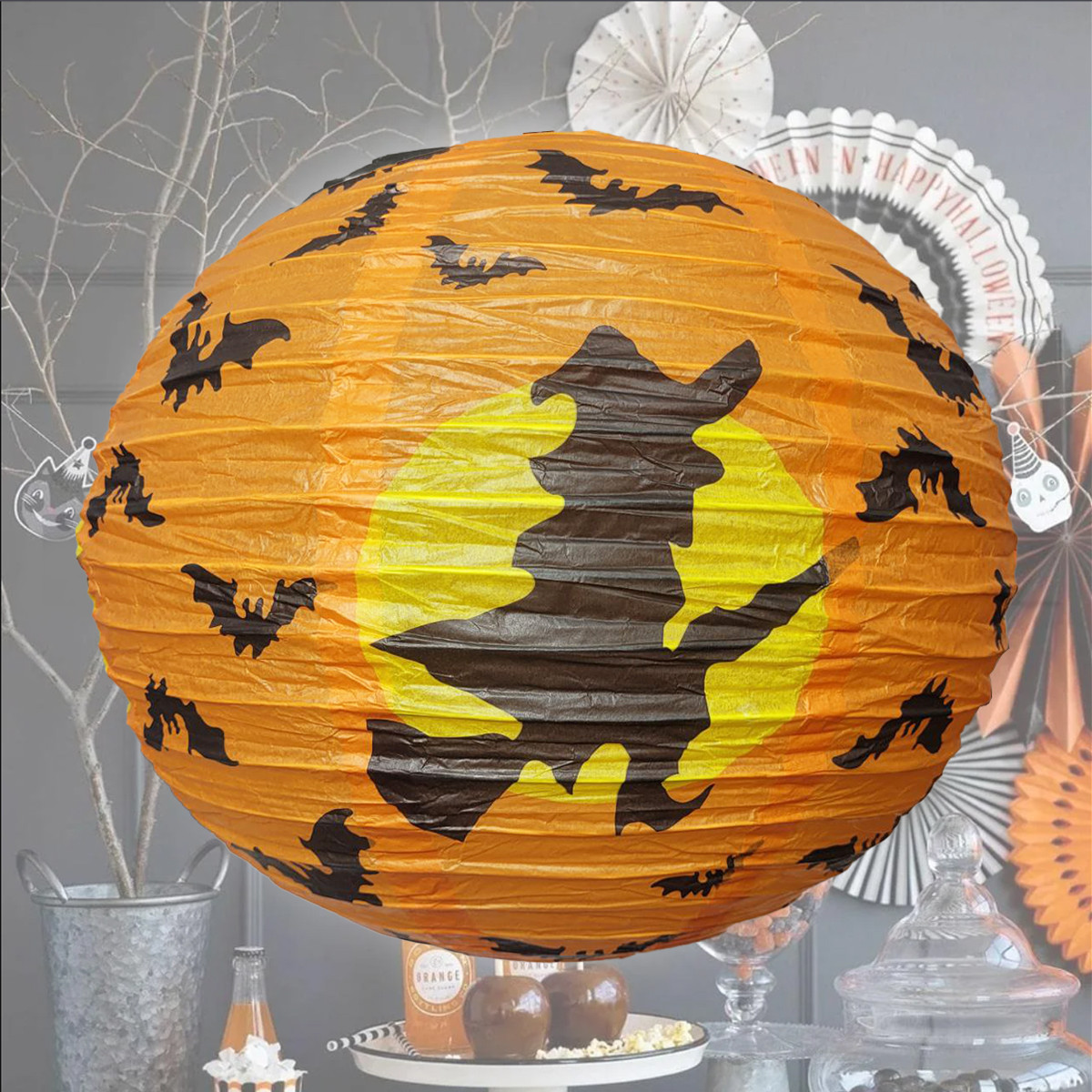 Бумажный подвесной фонарь на Хэллоуин с ведьмой  36 см оранжевый