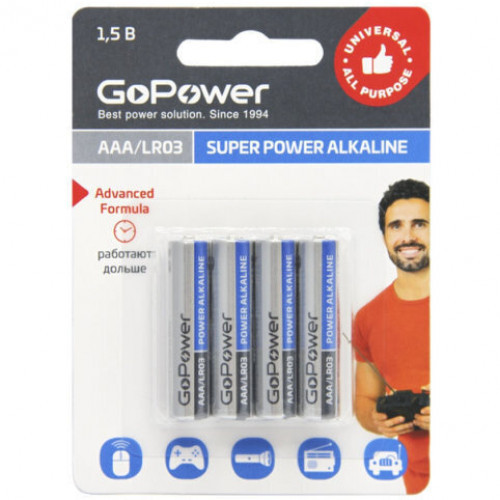 GoPower LR03 AAA BL4 Alkaline 1.5V батарейка (00-00015602) - фото 1 - id-p110905282