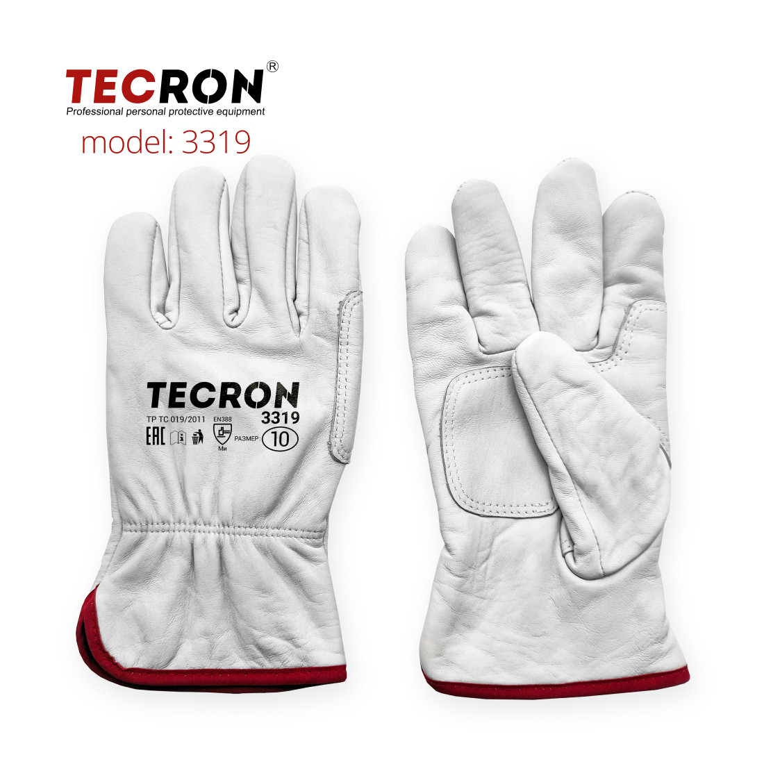 Кожаные перчатки рабочие TECRON 3319, защитные, усиленные, краги сварщика, от порезов - фото 4 - id-p95913455
